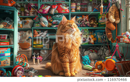 Pet cat sitting on hardwood floor in storage room 116970466