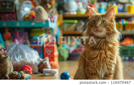 Pet cat sitting on hardwood floor in storage room 116970467