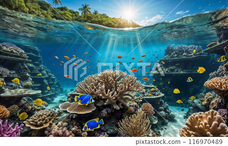 Life in a coral reef. Rich colors of tropical fish. Animals of the underwater sea world. Ecosystem 116970489