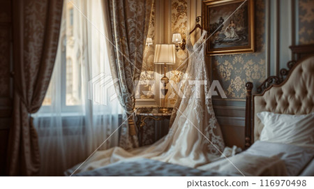 Beautiful wedding dress hanging on white wall in room Beautiful wedding dress hanging on white wall in room 116970498