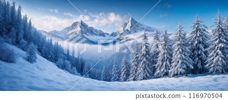 Beautiful winter landscape with snow covered trees 116970504