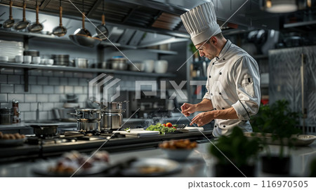 male cook chef decorating garnishing prepared salad dish on the plate in restaurant commercial kitchen 116970505