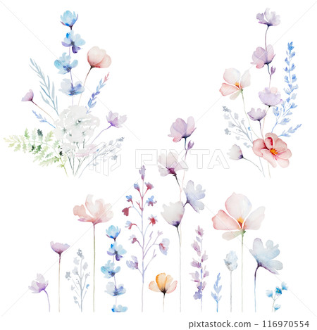 Bouquets and border made with watercolor pastel wild flowers and leaves, wedding illustration Bouquets and border made with watercolor pastel wild flowers and leaves, wedding illustration 116970554