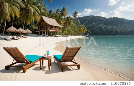 Beautiful beach. Chairs on the sandy beach near the sea. Summer holiday and vacation concept for tourism. Inspirational tropical landscape 116970585