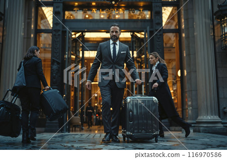 Happy bellboy pushing luggage with guest's suitcases in a hotel and looking at camera 116970586