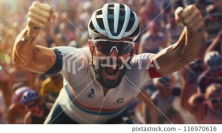 Young handsome man wearing cyclist safety helmet celebrating surprised and amazed for success with arms raised and open eyes. Winner concept Young handsome man wearing cyclist safety helmet celebrating surprised and amazed for success with arms raised and open eyes. Winner concept 116970616
