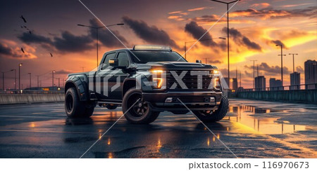 A pickup truck on the street in city 116970673