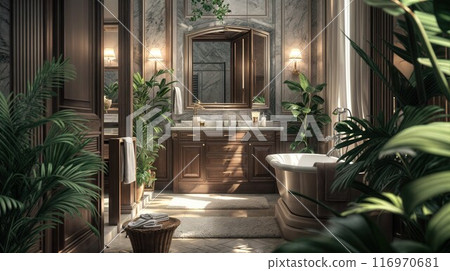 Modern bathroom interior, modern bathroom cabinet, white sink, wooden vanity, interior plants, bathroom accessories, bathtub and shower, white walls, concrete floor Modern bathroom interior, modern bathroom cabinet, white sink, wooden vanity, interior plants, bathroom accessories, bathtub and shower, white walls, concrete floor 116970681
