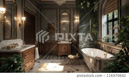 Modern bathroom interior, modern bathroom cabinet, white sink, wooden vanity, interior plants, bathroom accessories, bathtub and shower, white walls, concrete floor Modern bathroom interior, modern bathroom cabinet, white sink, wooden vanity, interior plants, bathroom accessories, bathtub and shower, white walls, concrete floor 116970682