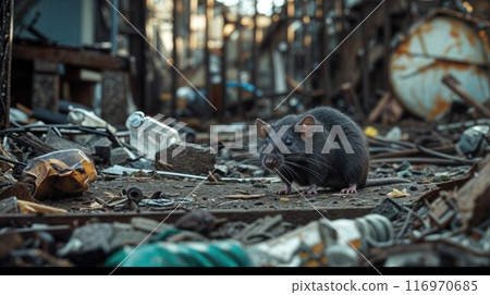Rat on area that was filled with sewage, smelly, damp, and garbage bags. Referring to the problem of rats in the city 116970685