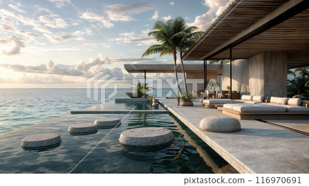 Summer vacation at poolside. Veranda decorated with deck chairs with an ocean view 116970691