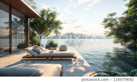 Summer vacation at poolside. Veranda decorated with deck chairs with an ocean view 116970692