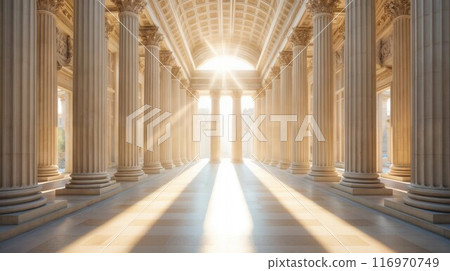 Columns and empty corridor inside the stone temple 116970749