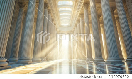 Columns and empty corridor inside the stone temple 116970750