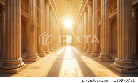 Columns and empty corridor inside the stone temple 116970751