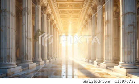 Columns and empty corridor inside the stone temple 116970752