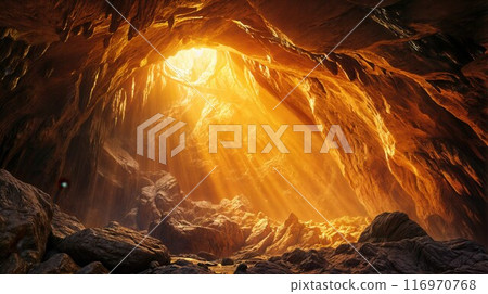 Sun Beams Shine Down Through Cave Ceiling 116970768