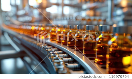 Brown glass bottles on the conveyor belt Brown glass bottles on the conveyor belt 116970794