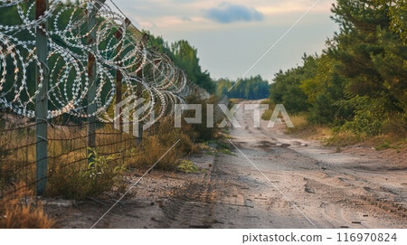 Barbed wire fence delimiting the border of safe area 116970824
