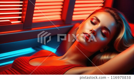 young woman laying on solarium bed and get brown skin tone ready for summer young woman laying on solarium bed and get brown skin tone ready for summer 116970838