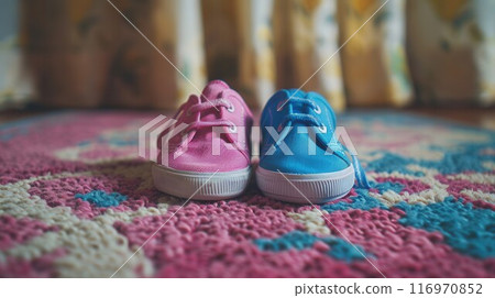 Pink and cyan sneakers on a pink and blue background Pink and cyan sneakers on a pink and blue background 116970852