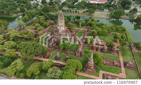Aerial view of in Ayutthaya temple, Wat Phra Ram in Phra Nakhon Si Ayutthaya, Historic park in Thailand 116970907