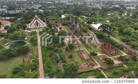 Aerial view of in Ayutthaya temple, Wat Phra Ram in Phra Nakhon Si Ayutthaya, Historic park in Thailand 116970908