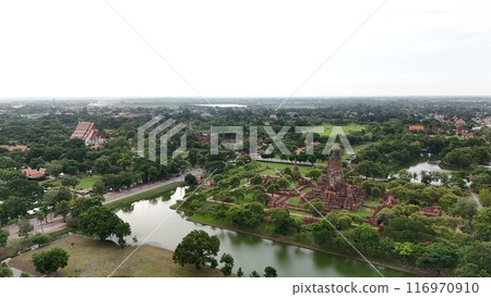 Aerial view of in Ayutthaya temple, Wat Phra Ram in Phra Nakhon Si Ayutthaya, Historic park in Thailand 116970910