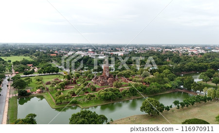 Aerial view of in Ayutthaya temple, Wat Phra Ram in Phra Nakhon Si Ayutthaya, Historic park in Thailand 116970911