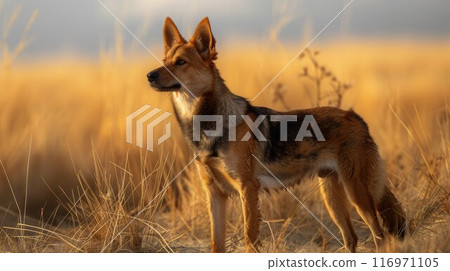 Jackal and evening sunlight. Black-Backed Jackal, Canis mesomelas mesomelas, portrait of animal with long ears, Kgalagadi, South Africa. Beautiful wildlife scene from Africa with nice sun light Jackal and evening sunlight. Black-Backed Jackal, Canis mesomelas mesomelas, portrait of animal with long ears, Kgalagadi, South Africa. Beautiful wildlife scene from Africa with nice sun light 116971105