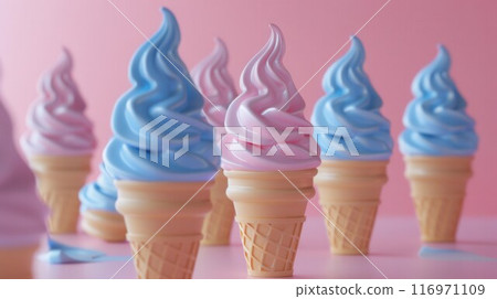 Waffle cones with delicious strawberry ice-cream on pink color background 116971109