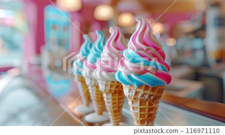 Waffle cones with delicious strawberry ice-cream on pink color background Waffle cones with delicious strawberry ice-cream on pink color background 116971110