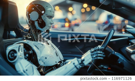 Robot in a car with hands on a steering wheel. Artificial intelligence drives a car. Autonomous vehicle concept Robot in a car with hands on a steering wheel. Artificial intelligence drives a car. Autonomous vehicle concept 116971126