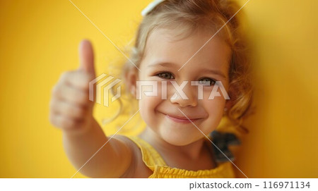 Smile beautiful young girl kid thumbs up gesturing recommend invite you kindergarten isolated on yellow color background 116971134