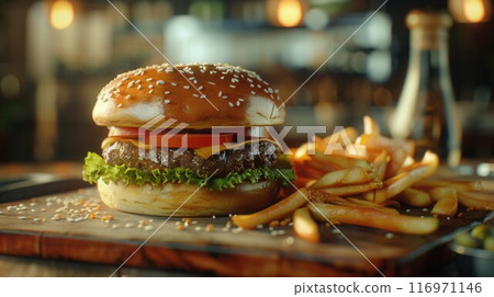Delicious burger with beef patty, tomato sauce and french fries on dark table 116971146