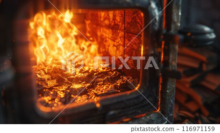 Burning firewood in fire-box of fireplace in country cottage. Rustic cooking oven with burning logs 116971159