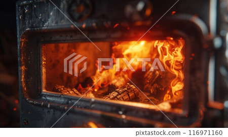 Burning firewood in fire-box of fireplace in country cottage. Rustic cooking oven with burning logs 116971160