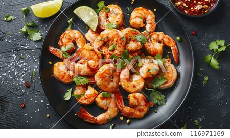 Grilled tiger prawns in white plate with spices on vintage black background, top view, copy space. Stone kitchen table with seafood dinner 116971169