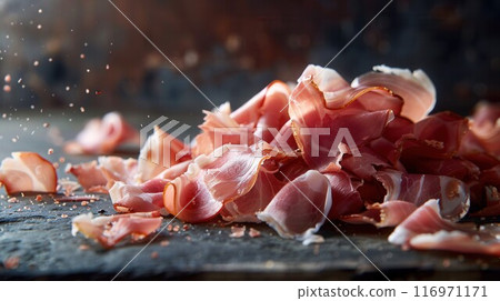 Ham jamon meat chopped background. Prosciutto in pieces for cooking 116971171
