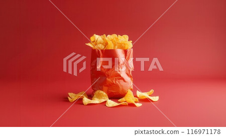 Potato chips in a red bag on a red background 116971178