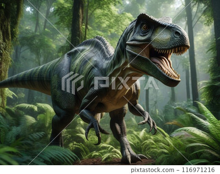 Dinosaur in the forest on the background of green trees. A large prehistoric creature. An extinct animal 116971216