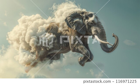 A cute elephant floating on a puffy cloud in a blue sky 116971225