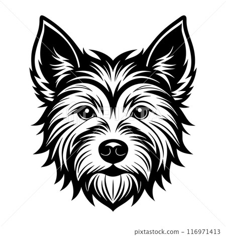 cairn terrier dog head icon. Black and white logo engraving style. Pet character. 116971413