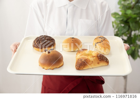 Female bakery staff holding freshly baked bread Female bakery staff holding freshly baked bread 116971816