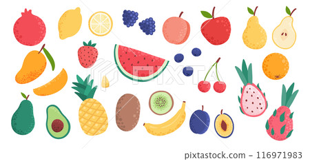 Doodle fruits. Natural tropical fruit, doodles citrus orange and vitamin lemon. Vegan kitchen apple hand drawn, organic fruits or vegetarian food. Vector isolated icons illustration set Doodle fruits. Natural tropical fruit, doodles citrus orange and vitamin lemon. Vegan kitchen apple hand drawn, organic fruits or vegetarian food. Vector isolated icons illustration set 116971983