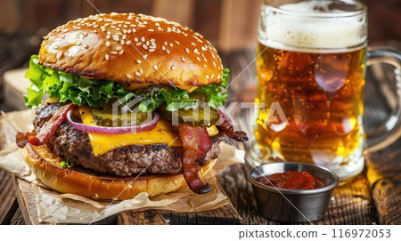 Delicious cheeseburger with juicy beef, cheese and lettuce and glass of lager foamy beer on rustic, wooden table. Cozy atmosphere of cafe 116972053