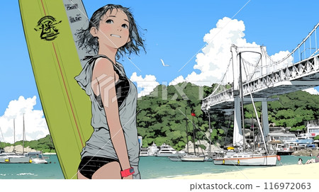 Young woman in bikini holding surfboard on beach in Okinawa 116972063