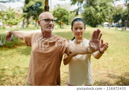 Practicing Tai Chi in Tranquil Park Setting Outdoors 116972435