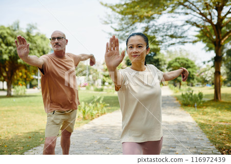 Practicing Tai Chi Outdoors in a Serene Park Setting Practicing Tai Chi Outdoors in a Serene Park Setting 116972439