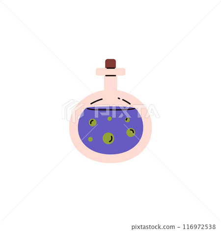 Round bottle with cork and blue liquid in cartoon flat style. Round bottle with cork and blue liquid in cartoon flat style. 116972538